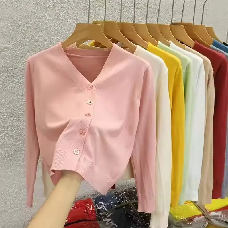 Frühling Herbst Frauen Strickjacke Mantel 2025, Neue Feste V-ausschnitt einreiher Gestrickte Pullover Kurze Jacke Oberbekleidung Weibliche Top