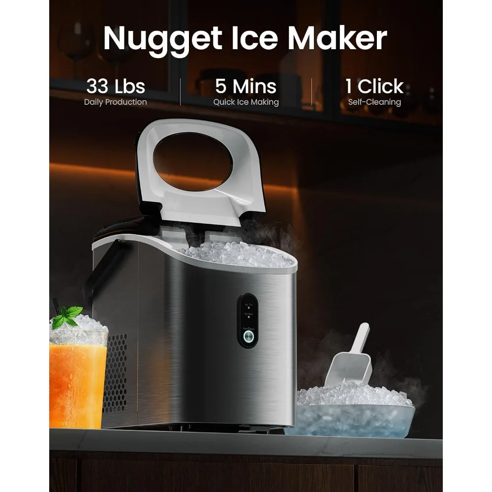 Nugget Ice Maker Countertop34lbs 24H Pebble Ice Machine Self Cleaning Sonic Ice Maker with Basket Scoop Compact Pellet Ice Maker