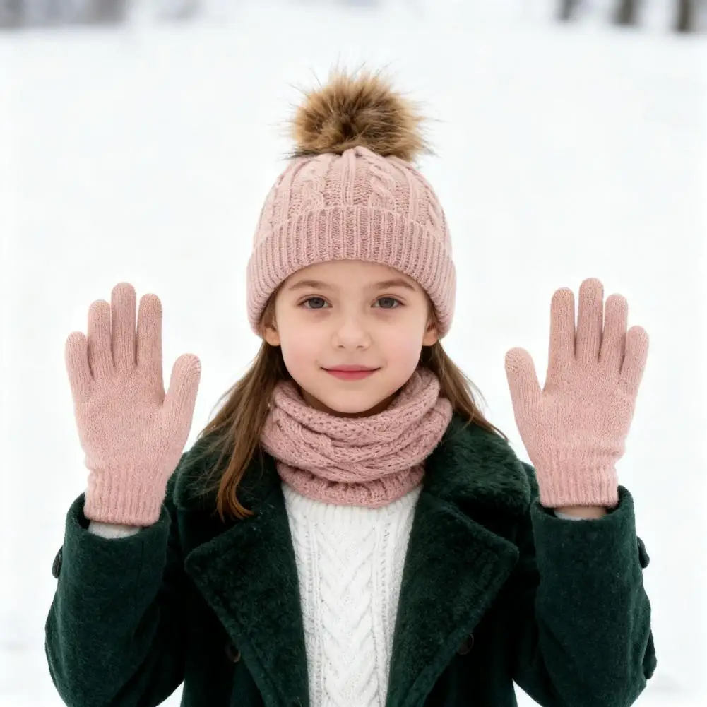 Baby Hat Scarf Gloves Set Soft Warm Baby Hat Set 3pcs Women Winter Hat Scarf Gloves Set with Plush Ball Decor Twist Texture