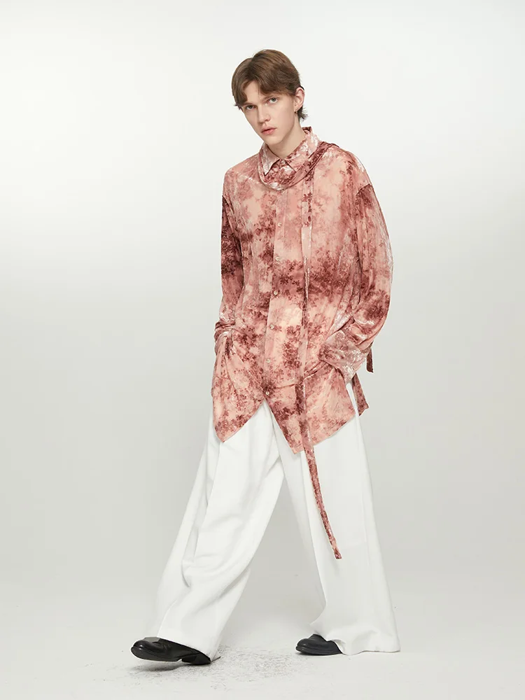 

WONDERWEN Pink Retro Romantic Floral Design Long Loose Men's irt Velvet Plant Floing Proc Original Design Polyester Blend