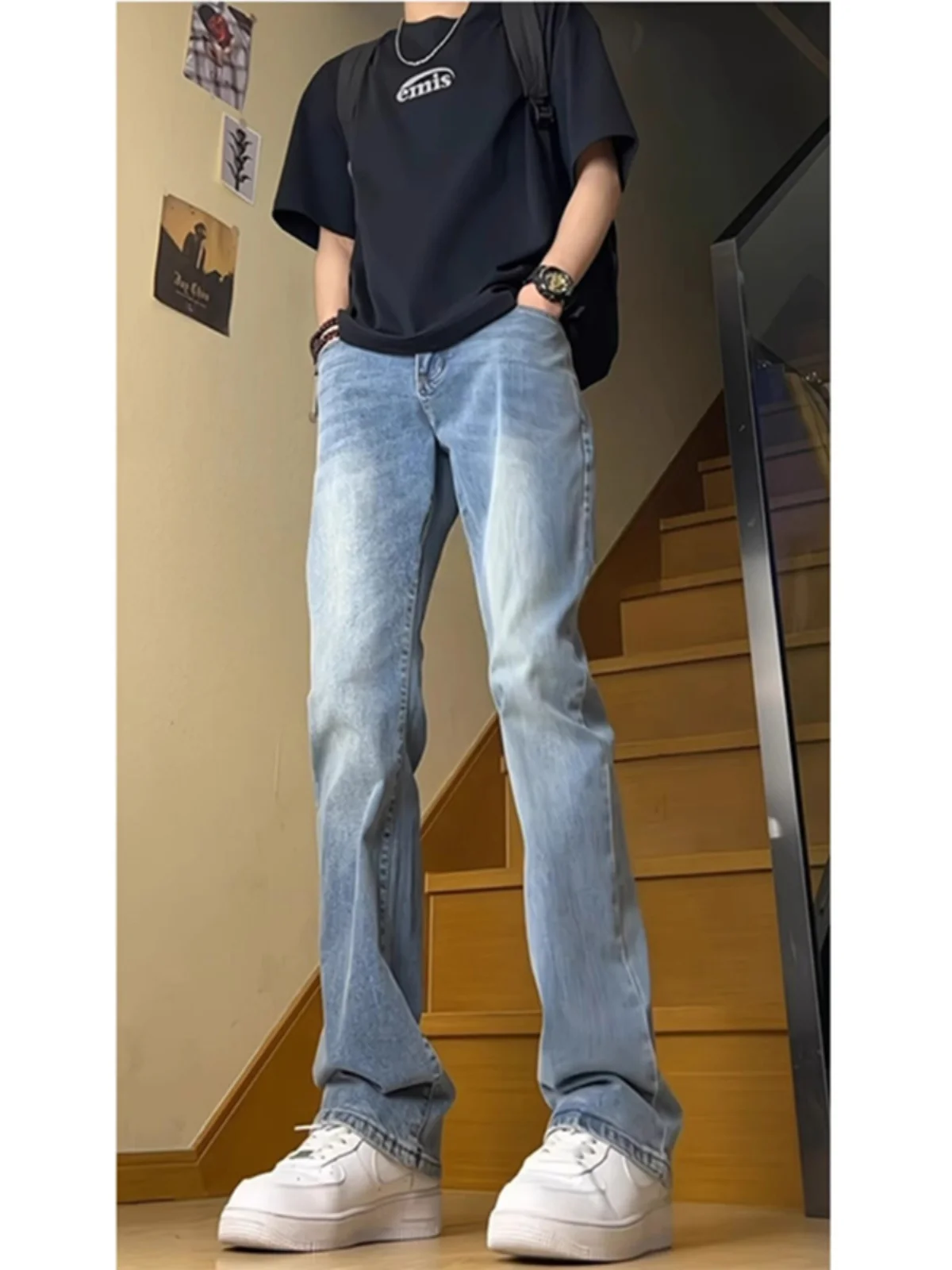 

Светло-голубые прямые джинсы Slim Fit для мужчин, летние, в американском стиле High Street, модный бренд Cleanfit, узкая версия, утягивающие брюки