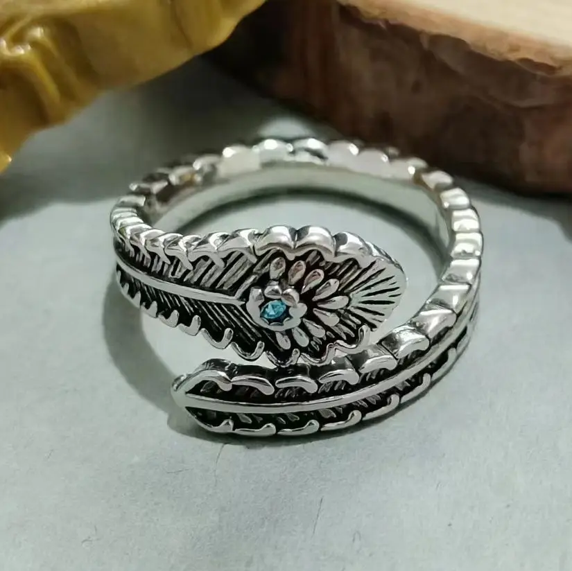 Vintage Zircon Feather Ring For Men Women Punk Opening Ring Unique Retro Simple Amulet Jewelry Gifts