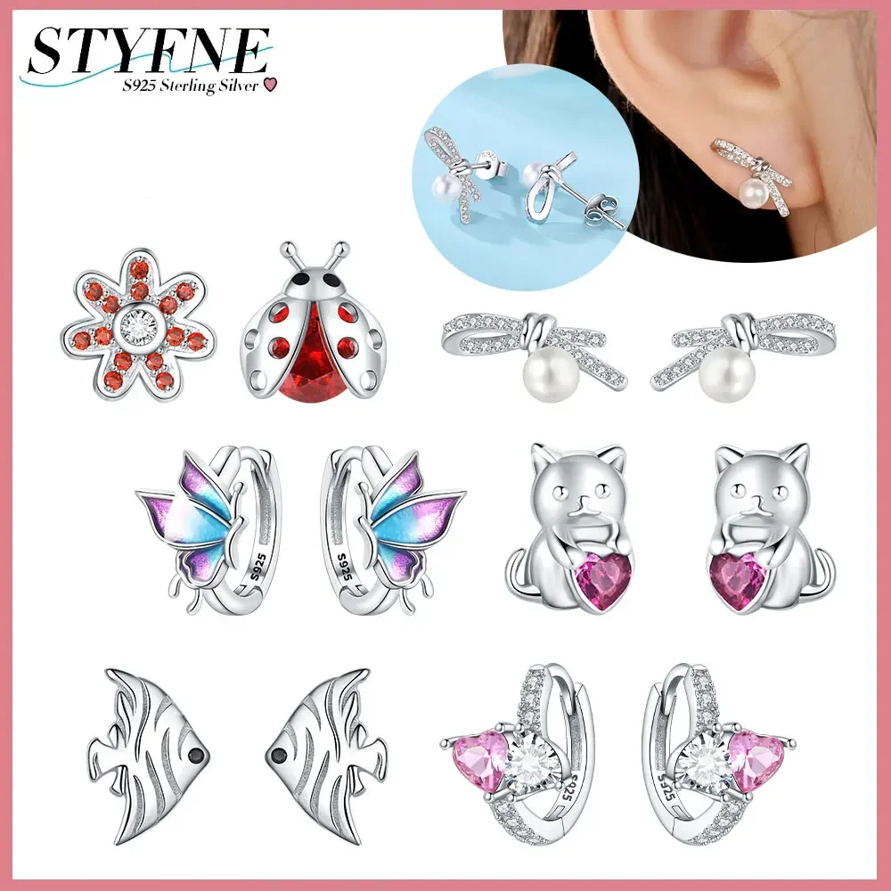 925 Sterling Silver Cute Love Kitten Ladybug Small Flower Mandarin Duck Earrings Original Earrings for Women High Jewelry Gifts