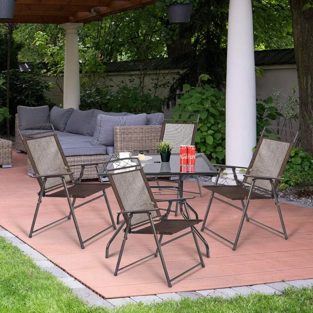 

Set of 4 Patio Folding Sling Chairs Steel Camping Deck Garden Pool Backyard Chairs