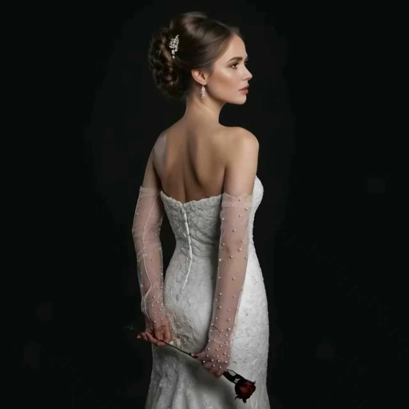 Elegant Fairy Bridal Fingerless Pearl Tulle Gloves Wedding Removable Sheer Mesh Arm Sleeves Party Styling Accessories