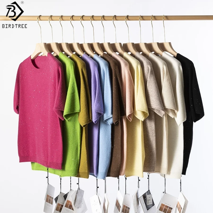 

Birdtree,Sequin 100%Merino Wool Pullovers for Woman, Round Neck, Short Sleeved Sweaters,2025 Fall Winter Soft Warm Top T59301JF