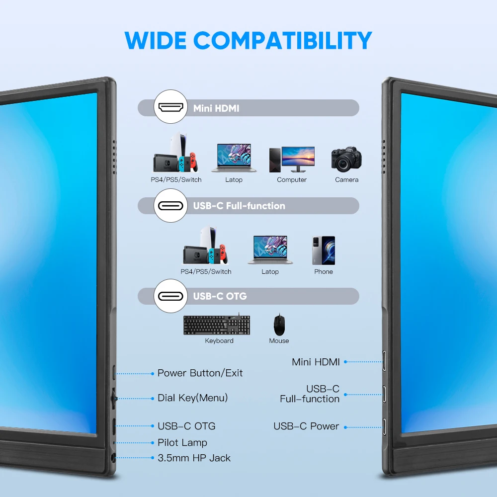 Imagem -05 - Miktver-monitor Portátil com Alto-falante Duplo Hdmi e tipo c Monitor Externo para Laptop e Telefone Tela Ips Fhd 1920x1080 60hz 15.6