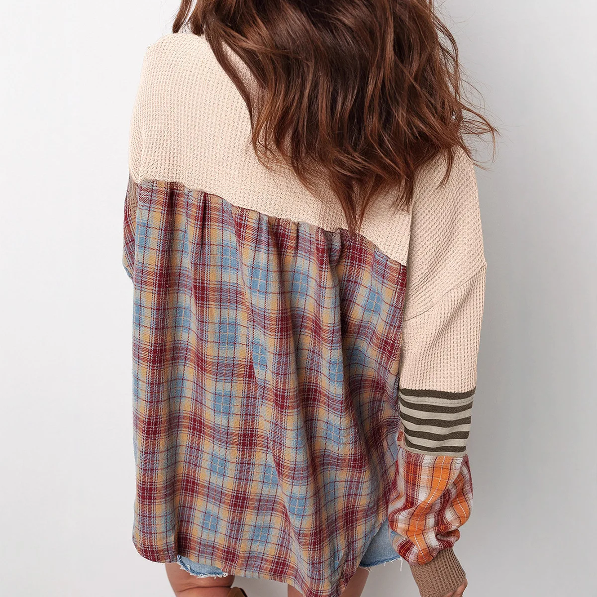 2025 Autumn Winter Fashion Patchwork Plaid Loose Casual Sweatshirts Women Full Sleeve Buttons Versatile Hipster Street Pullovers