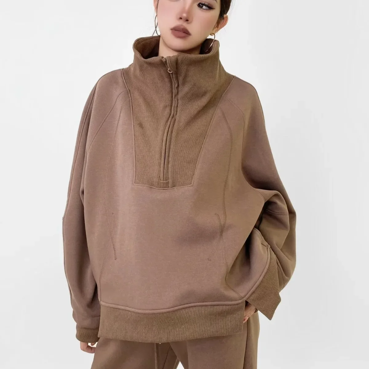 لولو نمط ربيع الخريف الوقوف الياقة نصف البريدي فضفاض المرأة عارضة رياضي المرقعة البلوز ملابس خارجية عصرية #2