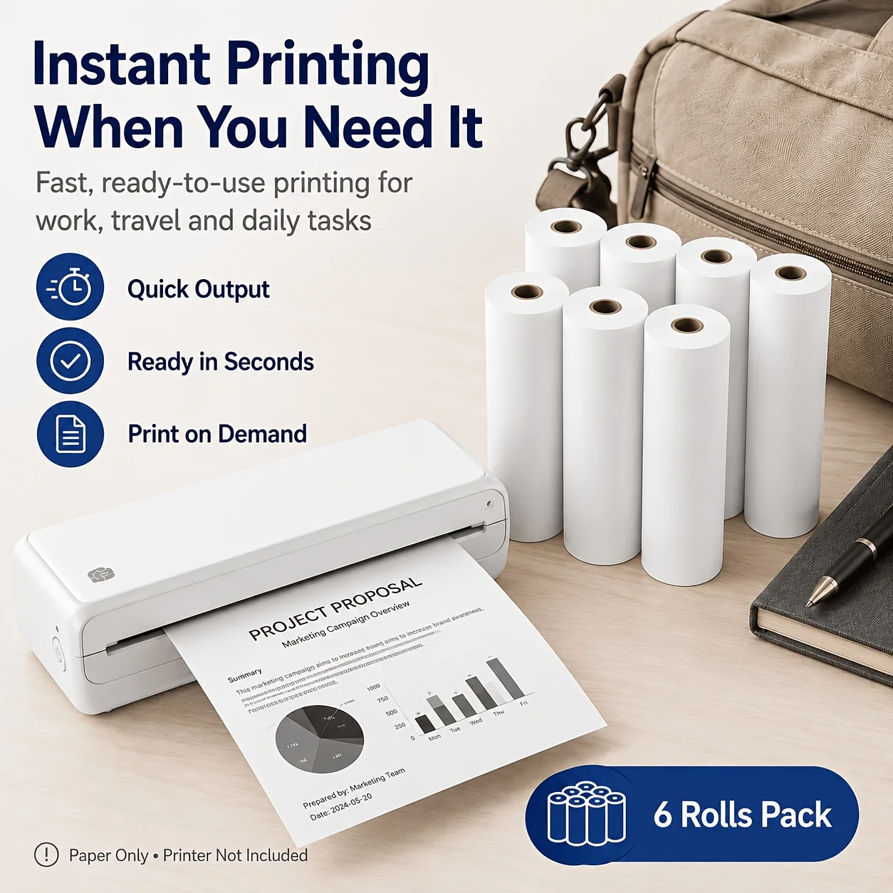 A4 White Thermal Paper Roll 210x30mm Inkless Smooth Feed Compatible for Portable Thermal Printer Office Travel Document