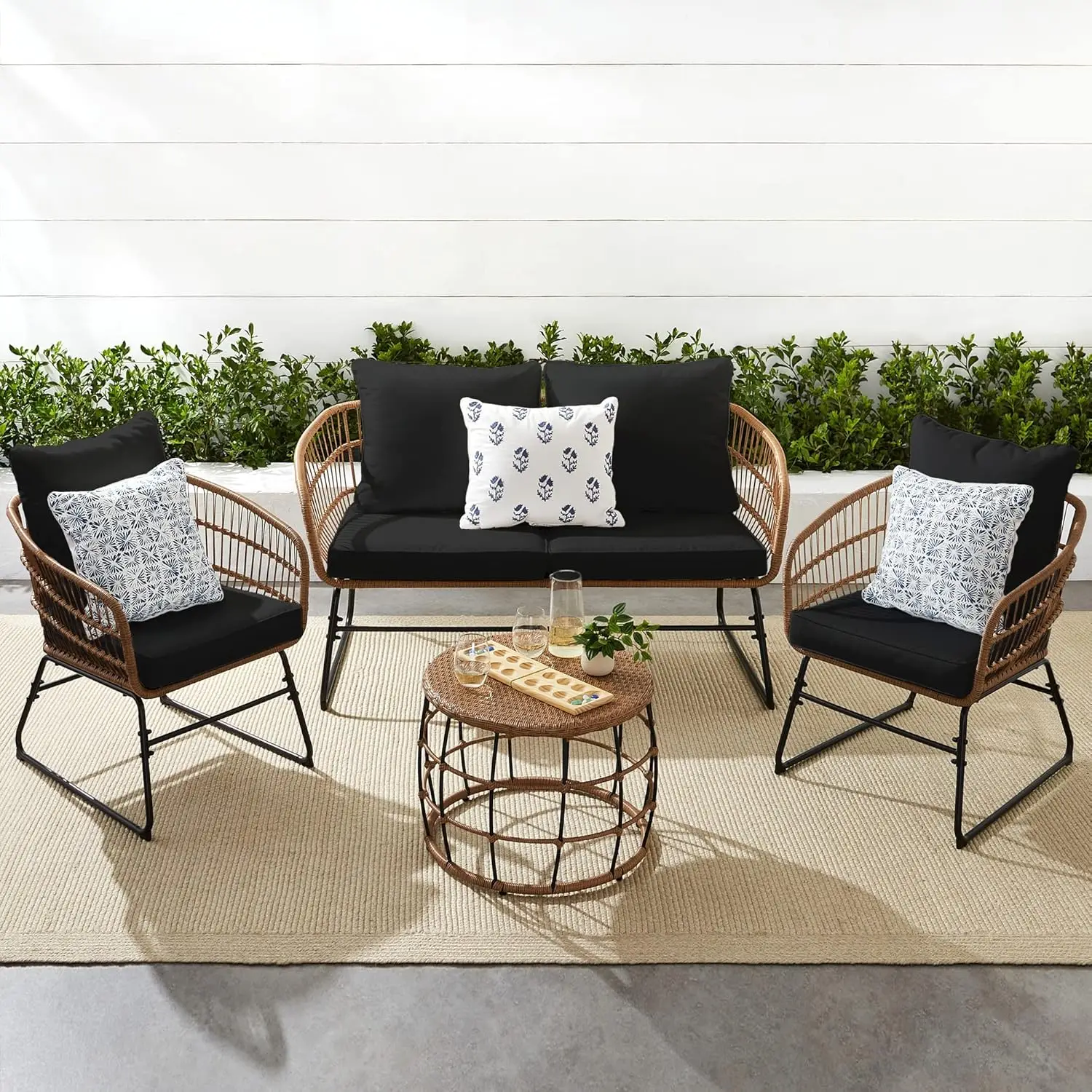 

4-Piece Outdoor Rope Wicker Patio Conversation Set, Modern Contemporary Furniture For Backyard, Balcony, Porch, Customized