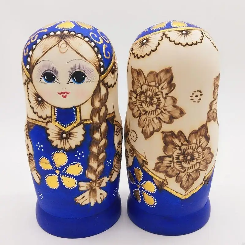 

F62D 7pcs Blue Russian Nesting Dolls Wooden Matryoshka for Children Kids Gift
