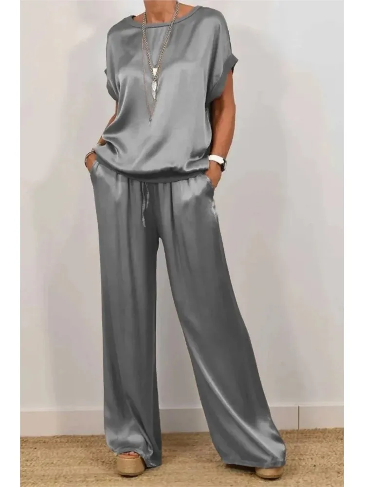 

Summer New Loose And Comfortable Casual Wide-leg Trousers Set Simple Commuting Solid Color Round-neck Top Trousers Two-piece Set