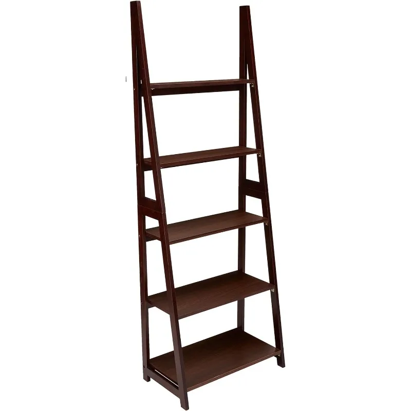 Modern 5-Tier Ladder Bookshelf Organizer, Solid Rubberwood Frame, Espresso Finish