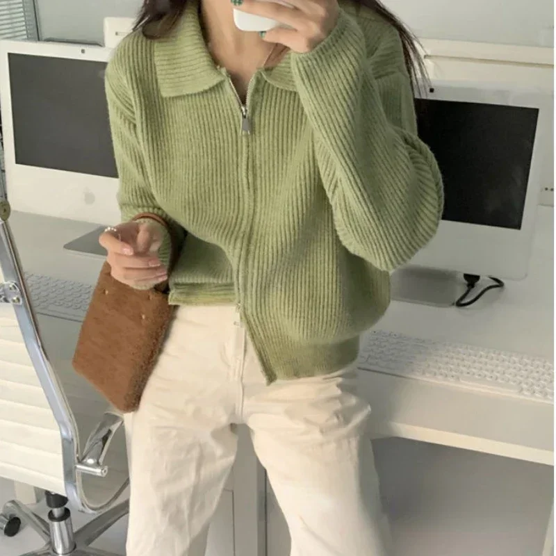 Spring Pullovers Women Solid Zipper Streetwear Leisure All-match Retro Simple Sweet  Cute New Fashion Long Sleeve Clothes Soft