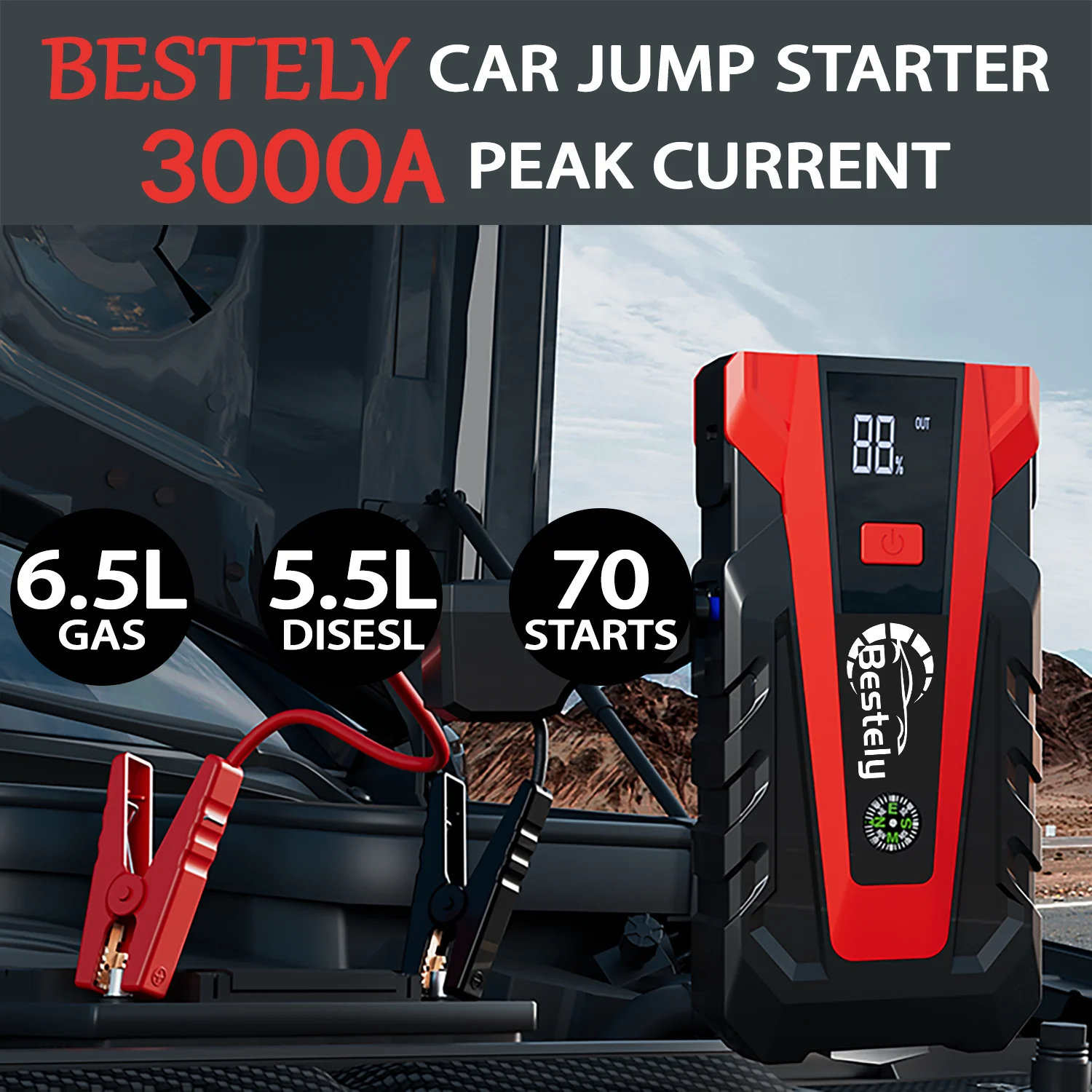 Bestely Car Jump Starter Battery 12v Portable Jump Box 6000A Peak Jump Starter Battery Pack with Full LCD Screen LED Light USB