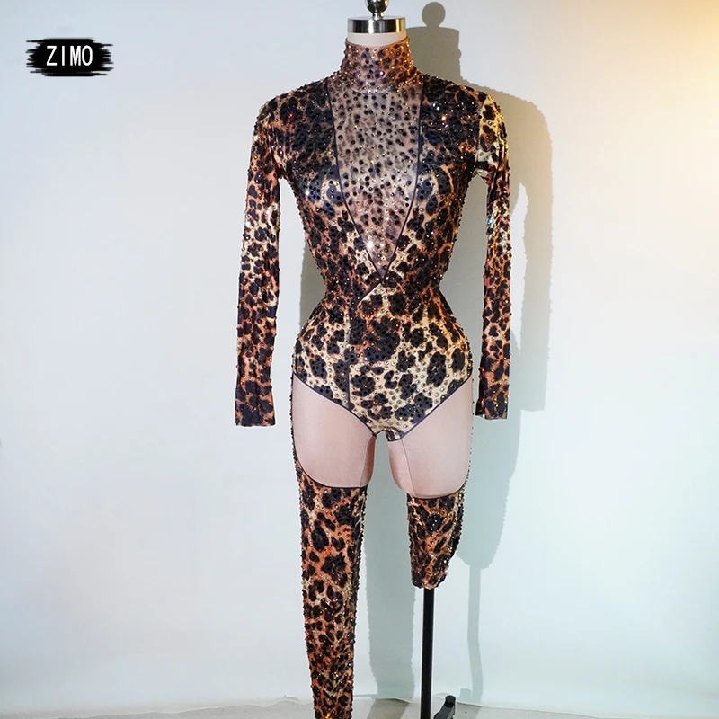 

leopard print Diamond jumpsuit long sleeve gloves sexy nightclub party birthday wear leotard Celebrate pole dance Stage festival