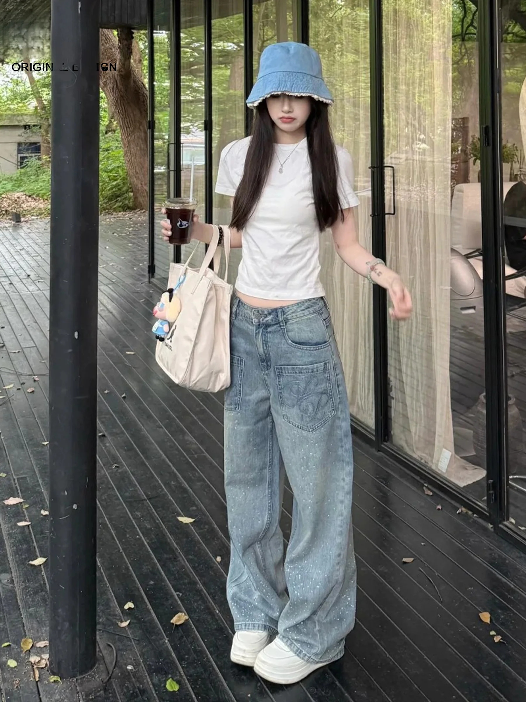 

Retro Blue American Style Spicy Girl Wide Leg Denim Jeans Women's Loose Slim Straight Cut Summer New Arrival Casual High Waist