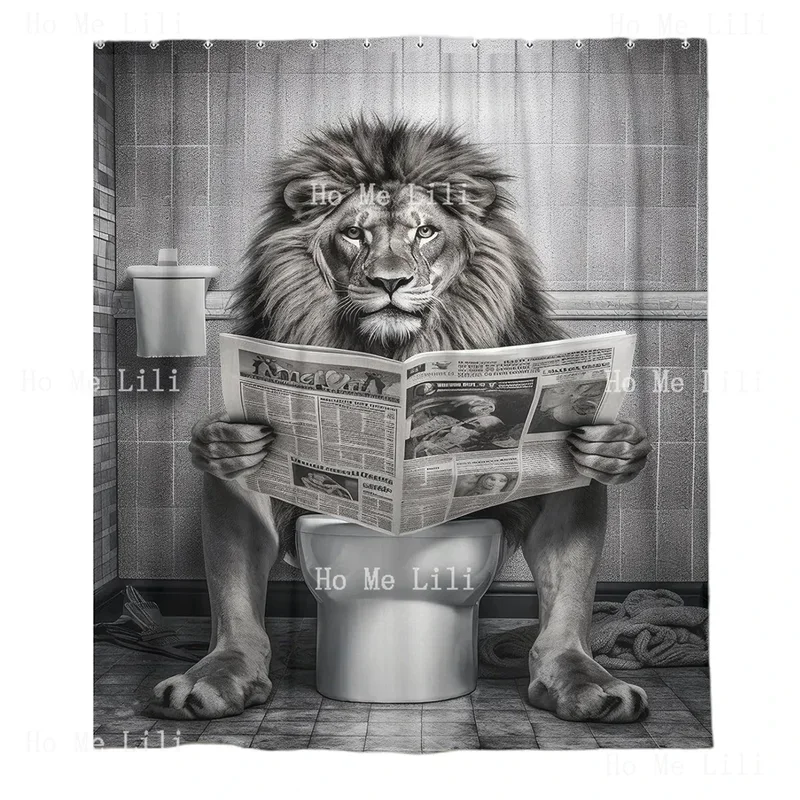 Funny Lion Funcy Humor Leo Animal On Toilet Black And White Shower Curtains With Hooks