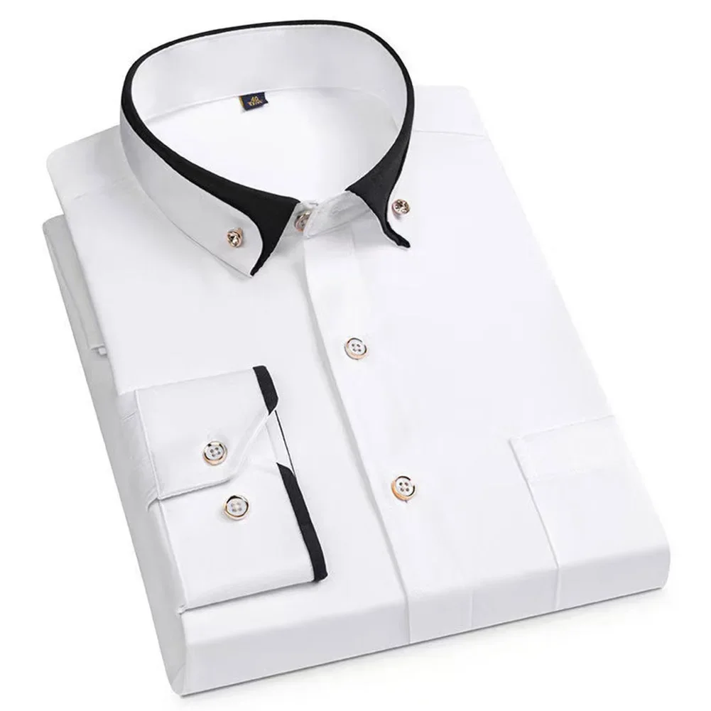 

Fashion Men\\'s Shirts Formal Long Sleeve Solid Iron-Free Single Breasted Collar Tops Smart Business Social Shirts Man Clothing