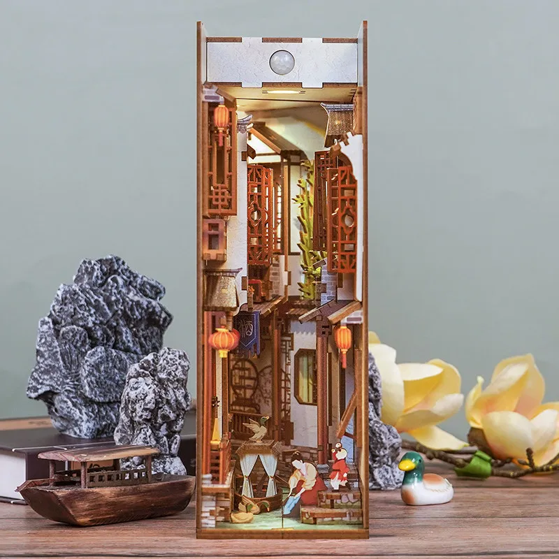 3D Wooden Jigsaw Puzzle Induction Night Light, Jiangnan Water Town DIY Bookend, Desktop Decor Model, Creative Child's  Gift Idea