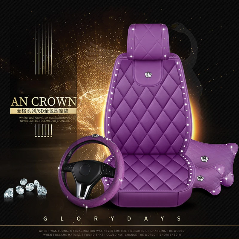 Luxury Car Seat Covers Leather Front and Rear Seats Automotive Protectors Universal with woman Crown Rhinestones Rivets Styling