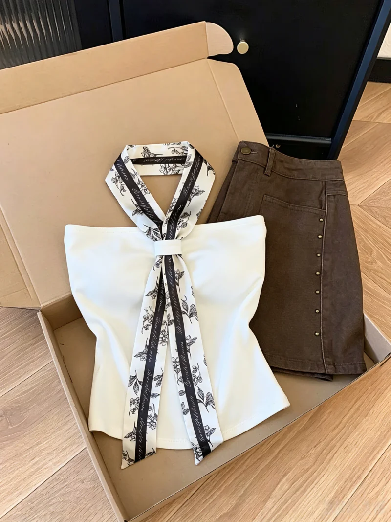 Summer New Style Women's Silk Scarf Neck Hanging Chest Pad Tube Top Vest Self-Keeping Beautiful Outerwear Shirt Korean Style
