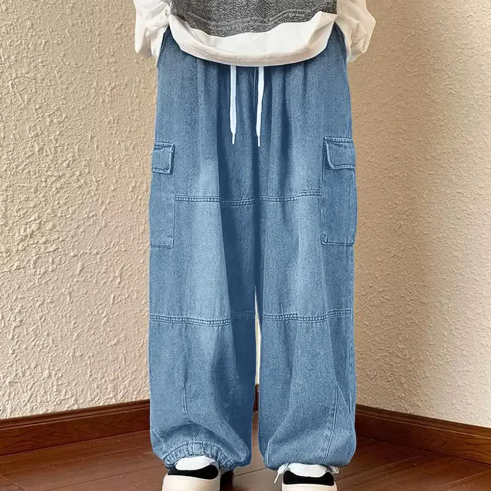 Cargo Jeans Versatile Oversized Cargo Pants Elastic Waist Multiple Pockets Wide Leg Trousers for Stylish Comfort Drawstring