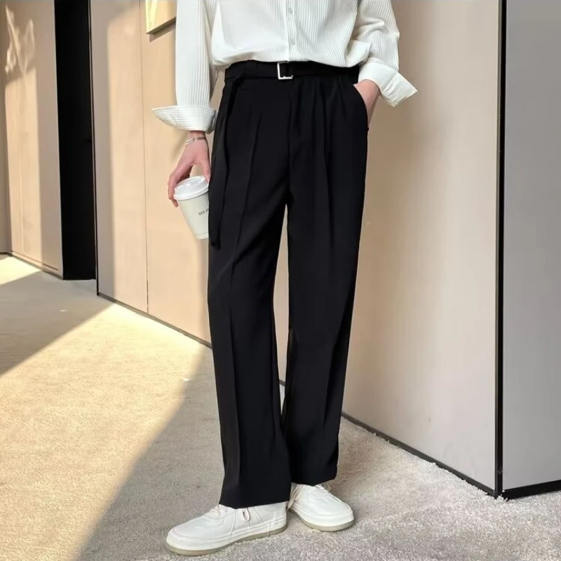 Premium Korean Clean Fit Men’s Belted Suit Trousers – Wrinkle Resistant Draped Straight Leg Cropped Pants for Casual Office &