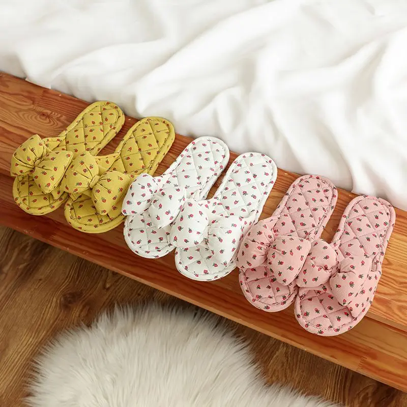 New Cute Girl Butterfly Knot Pure Cotton Indoor Home Anti Slip Silent Cloth Bottom Slippers for Women