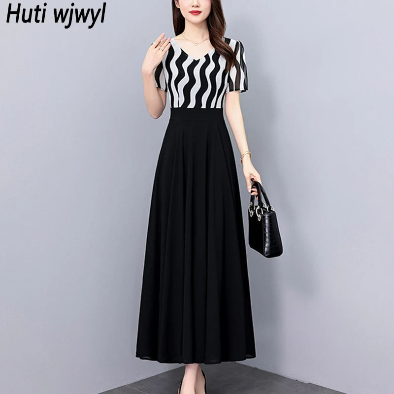 2025 Summer New Chiffon Casual Striped Dress Black Vintage Slim Fit Party Long Dress for Women Elegant Luxury Chic Prom Vestidos