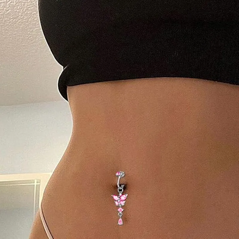 Clip On Belly Button Ring Butterfly Copper Zircon Pink Fake Belly Piercing Umbilical Navel Body Jewelry Trendy Fashion Style