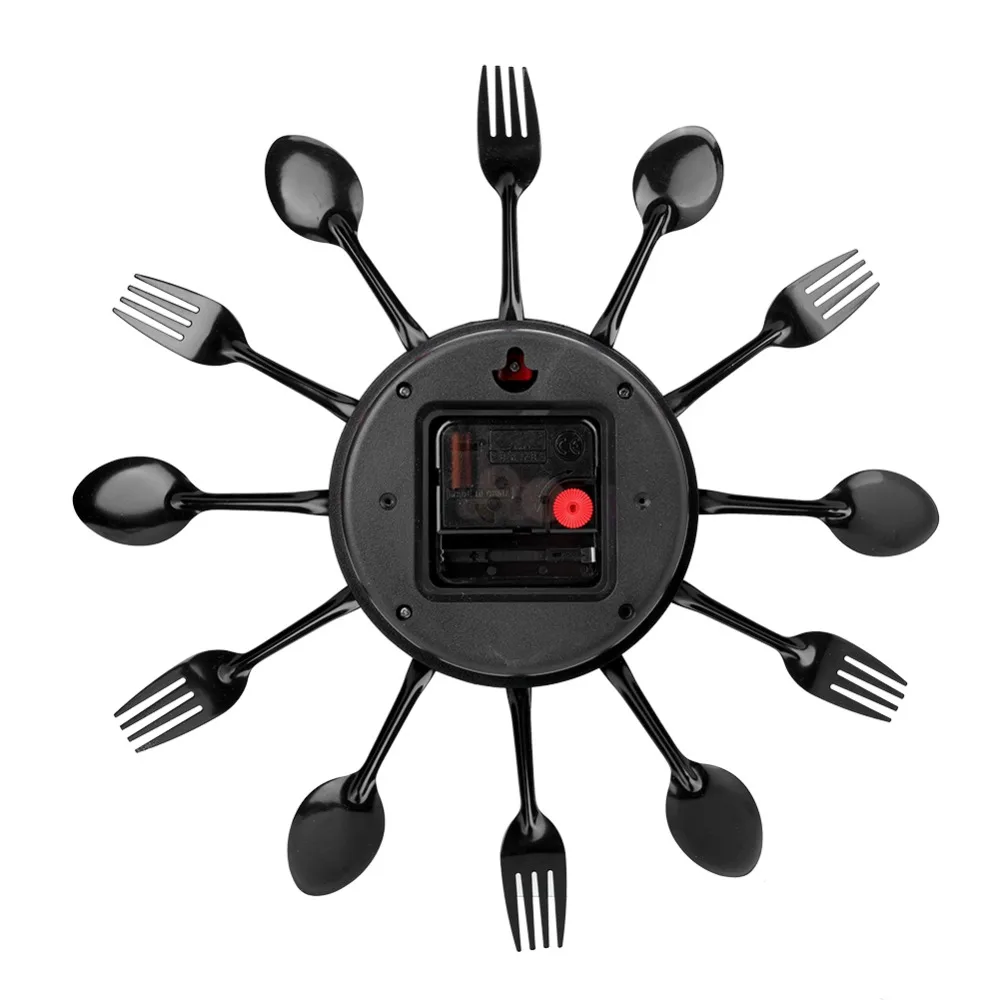 Stainless Steel Cutlery Wall Clock Frameless Design Creative 3D Shape Kitchen Wall Clock Black Color 12 Inch