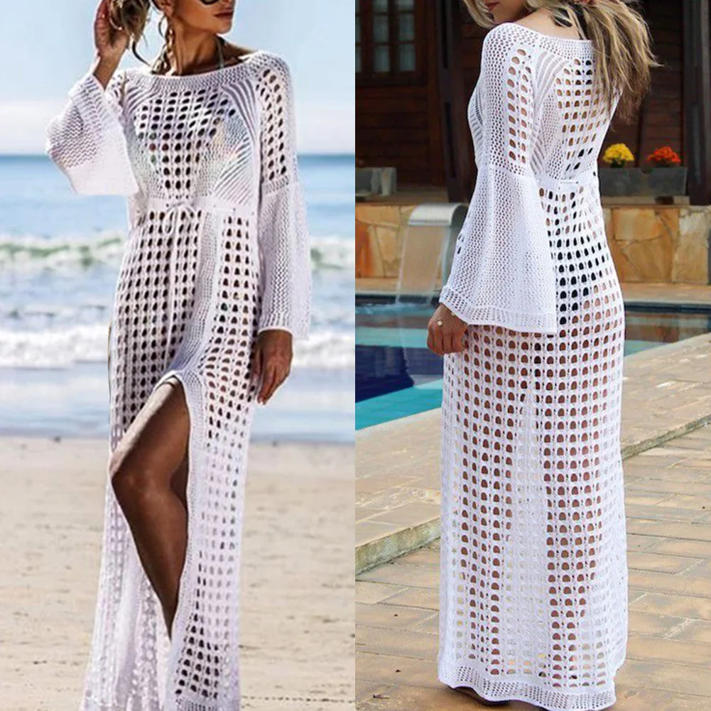 Crochet Bikinis Cover Ups Summer Women Knitted Long Sleeve High Split Bikini Cover Up Maxi Dress Sexy Hollow Tunic Beach Dresses