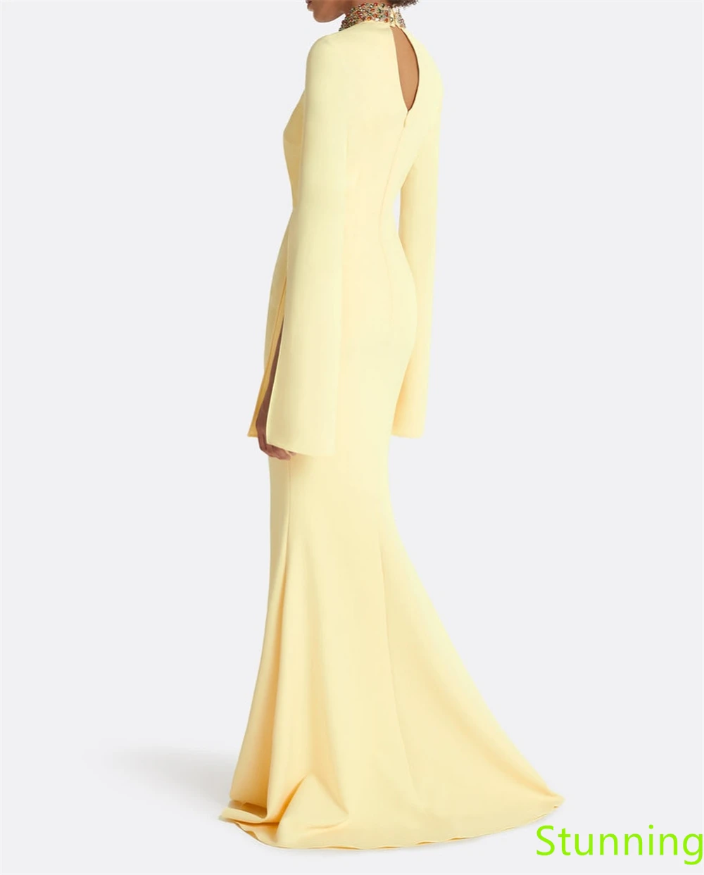 

Customized Luxury Yellow Jersey Evening Dress High Collar Long Sleeves Celebrity Gowns Special Occasion Gowns Crystal Sparkly