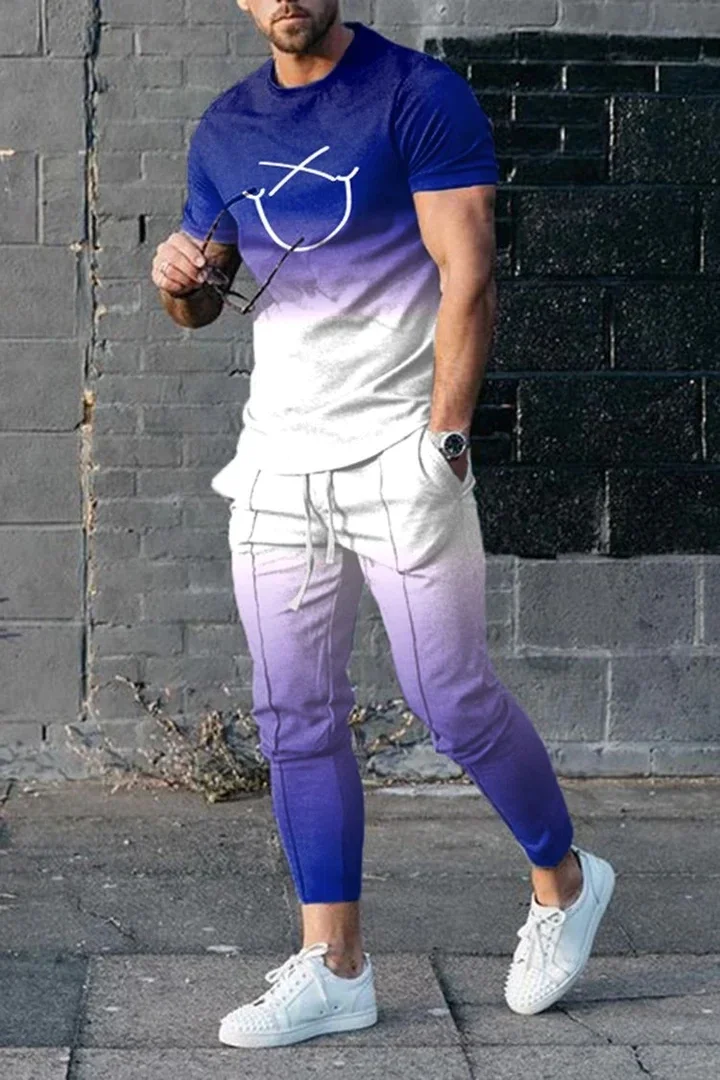 Men's Fashion T-Shirt Gradient Purple And White 3D Printed Men's Sets Casual Suit