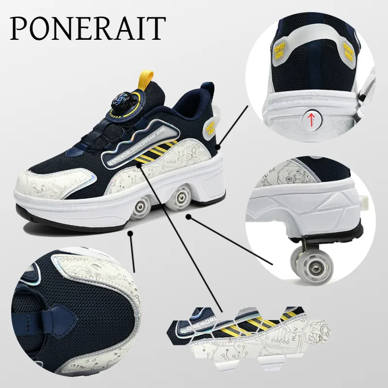 PONERAIT Roller Skate Shoe Retractable One Click Folding Double-Row Deform Dual-Use Sneaker Multi-functional Walk Sport Shoe