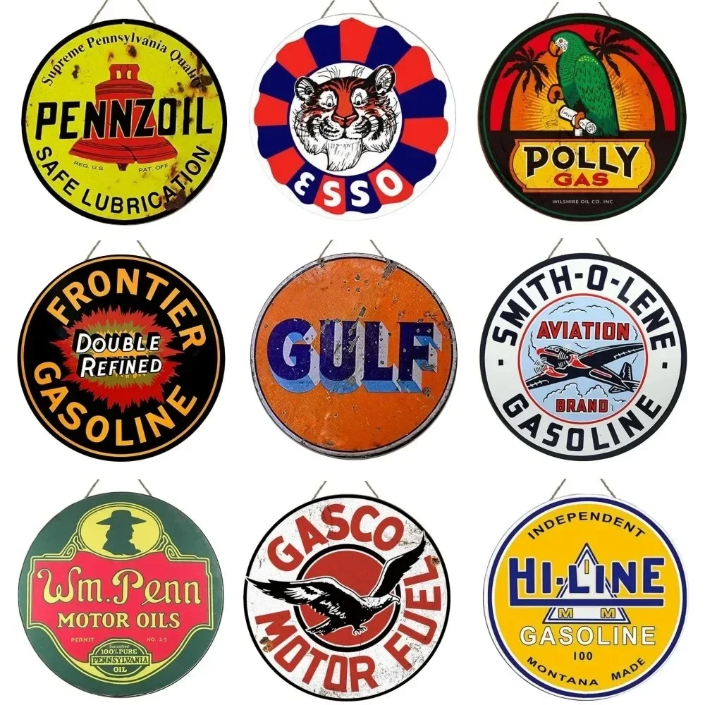 Vintage Husky Motor Oil Mohawk Bay Pennzoil Gasonline Round Wooden Sign Garage Gasoline Station Man Cave Bar Wall Decor