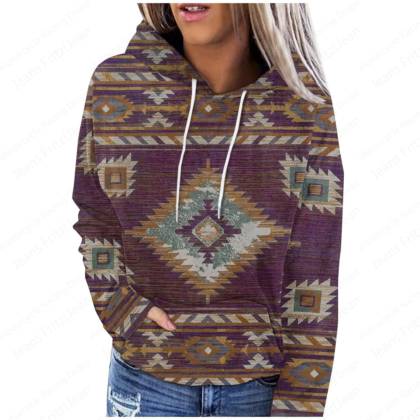 Vintage Geometric 3d Print Hoodie Women Fashion Oversized Graphic Hoodies Women Sweats Ethnic Coat Loose Sweatshirt Pullover