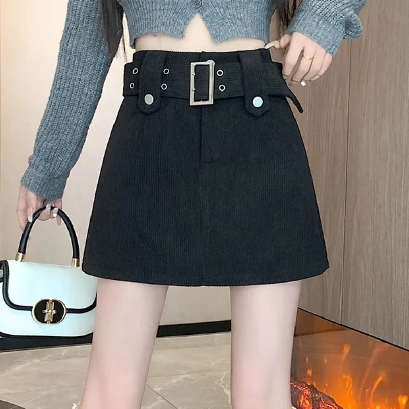 Belted Mini Corduroy Skirt with Matching Belt High Waist A-line Short Skirt Winter Women Teenage Girl Fall Y2K Outfit