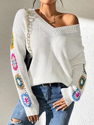 Sexy Off-the-shoulder Knit Sweater Hook Flower Loose Fit Women's Clothing Autumn Fashion Knitted Women Pullover Sweater Y2k Tops