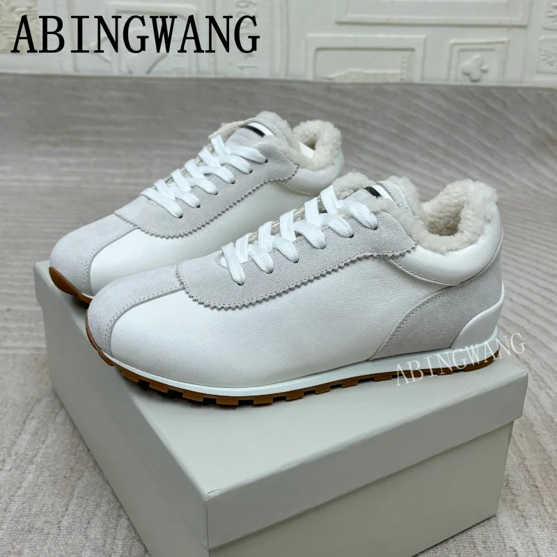 2025 inverno novas mulheres camurça retalhos dentro de pele tênis planos sola grossa sapatos casuais quentes dedo do pé redondo rendas até tênis casuais