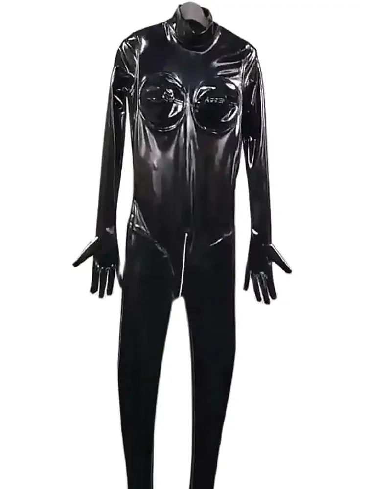 Catsuit em formato de peito molhado, pvc, dedo separado, bodystocking, couro pu brilhante, 3 zíperes, virilha aberta, collant