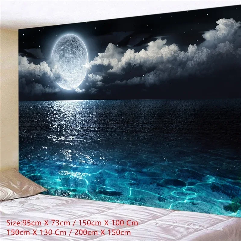 Night Bright Moon Sea Creative Tapestry Home Decor Aesthetic Bed Bedroom Living Room Backdrop Decorative Tapestry Aesthetic