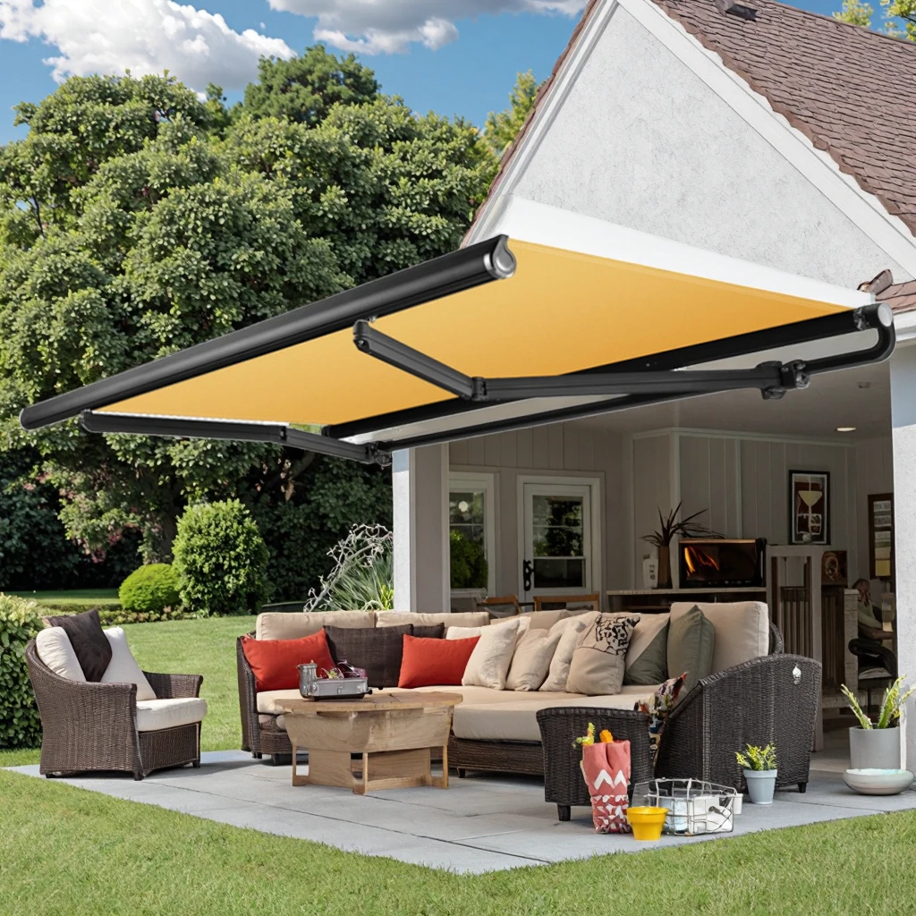 Customized 5m Max Electric Motorized Remote Control Retractable Aluminum Alloy Awnings Full Cassette Patio Roof UV Coated