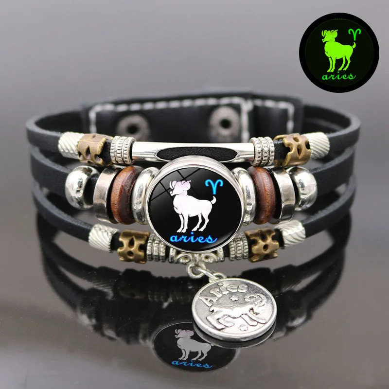 New 12 Constellation Zodiac Sign Leather Bracelet Taurus Leo Virgo Libra luminous Glass Dome Jewelry Punk Handmade Men Bracelet