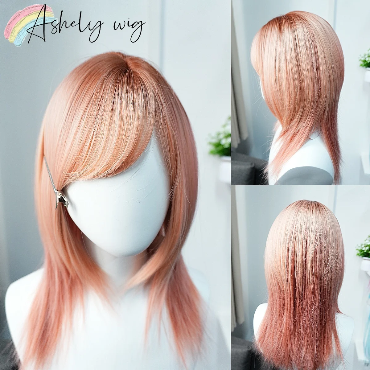 Soft Peach Pink Wigs Medium Length Wig with Bangs French Airy Fringe Layered Wolf Cut Shag Synthetic Cosplay Wig Real Scalp