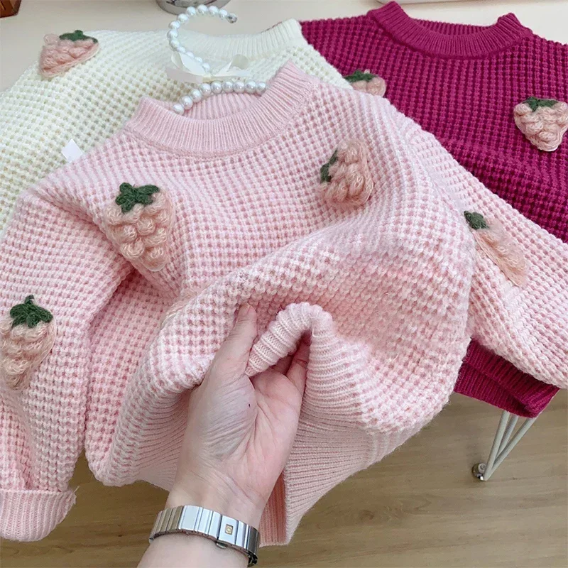 Korean Style Children's Clothing Autumn Cotton Pullover Stereoscopic Strawberry Pattern Cute Thermal Sweater Girls From 2 To 8