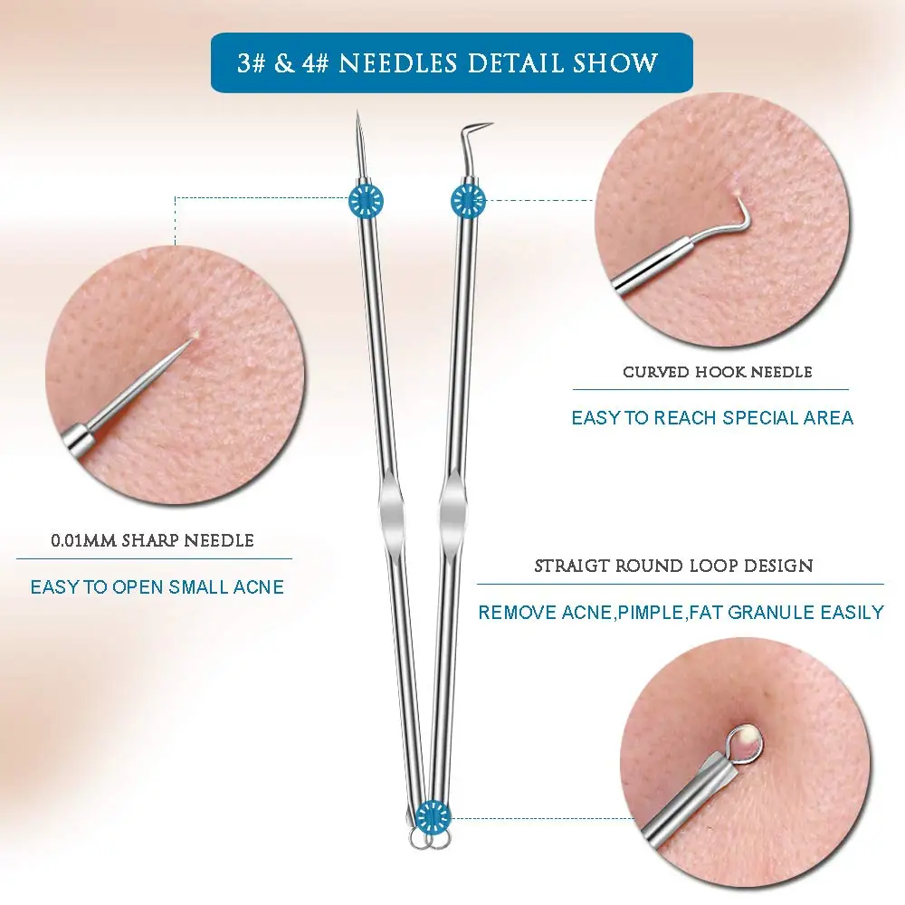 Dighealth 4PCS Rvs Comedondrukker Extractie Puistje Comedo Acne Extractor Whitehead Smet Popper Kit