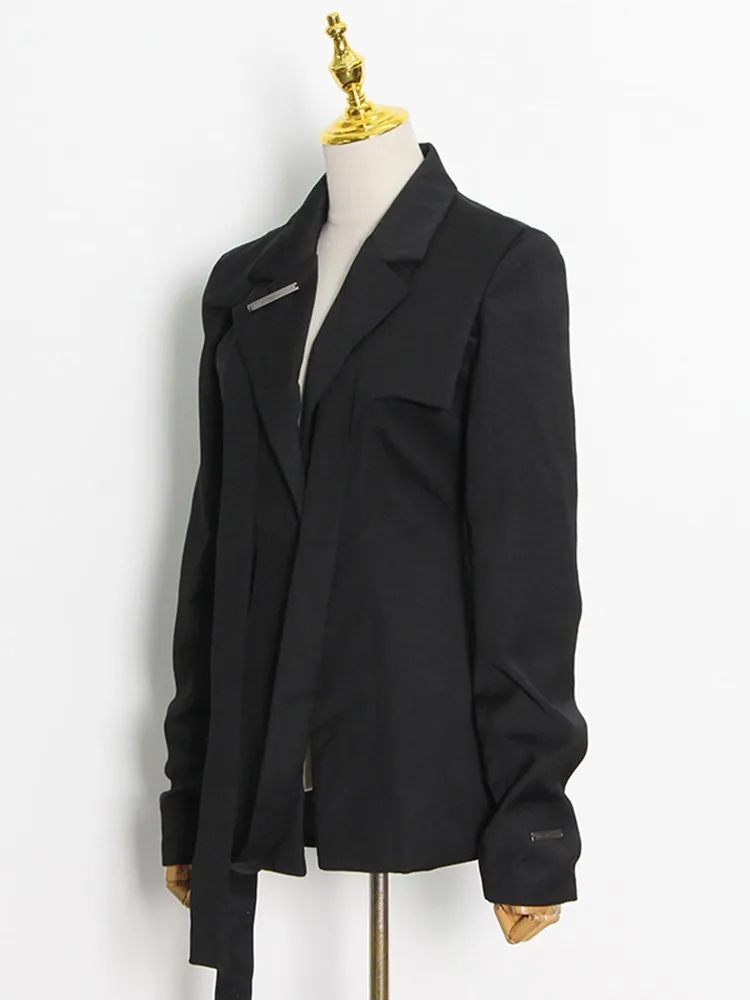 BPN-Blazer Preto Assimétrico Para Mulheres, Manga Longa Entalhado, Patchwork Lace Up, Blazers De Emagrecimento Sólidos, Roupas Femininas Da Moda,